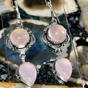 Faceted Pink Chalcedony & Rose Quartz “Stone of Pure Love” Earrings 2 1/4”